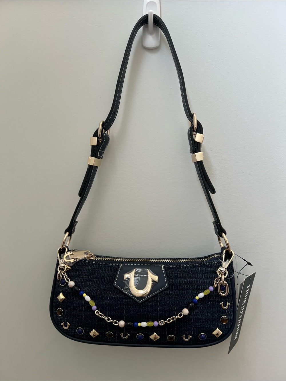 Y2K Style Blue  Denim Shoulder Bag with Gold Hardware